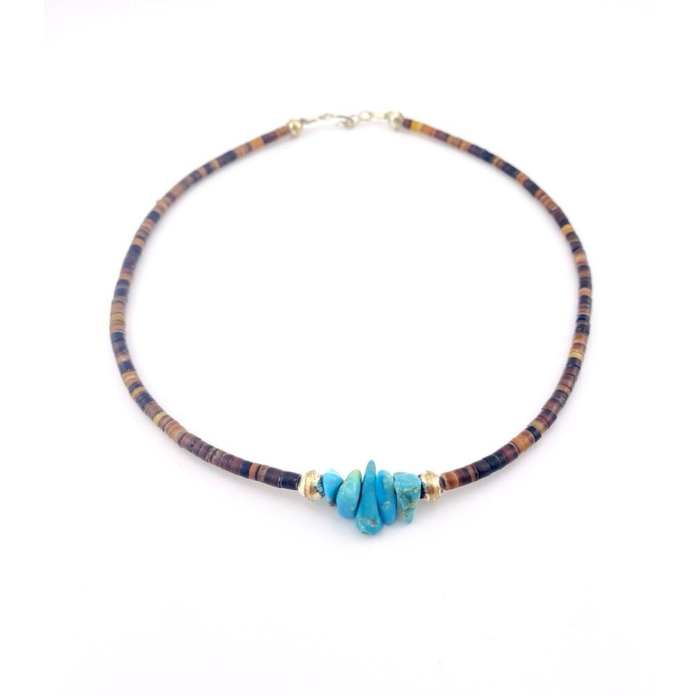 Vintage Turquoise Pebble Cluster Shell Heishi Choker Necklace 15" Silver Accents